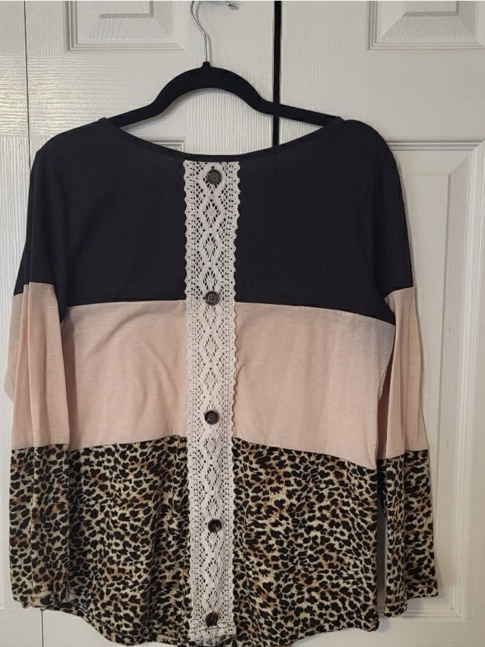Colorblock Lace-Back Long Sleeve Top - Black, Blush & Leopard